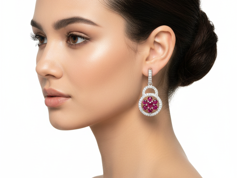 Ruby And White Cz Silver Earring
