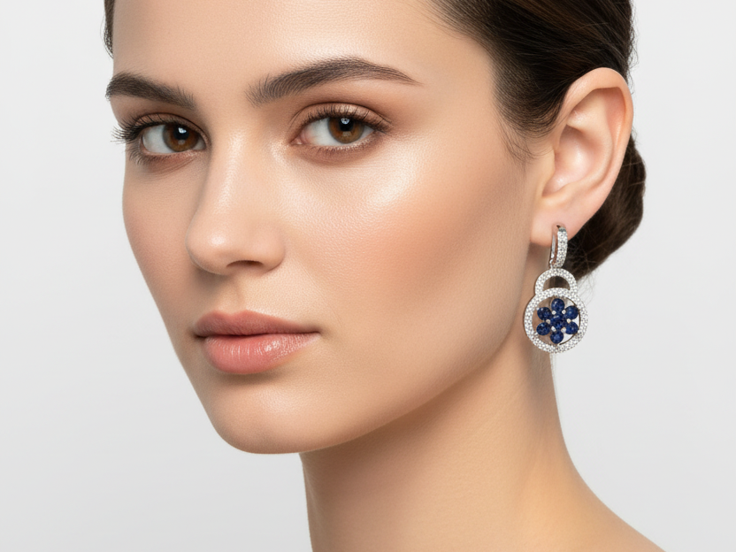 Sapphire and White Cubic Zirconia Silver Earring