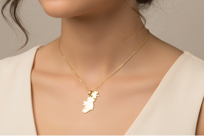 Gold Plated Silver Map Of Ireland With Shamrock Charm Necklace