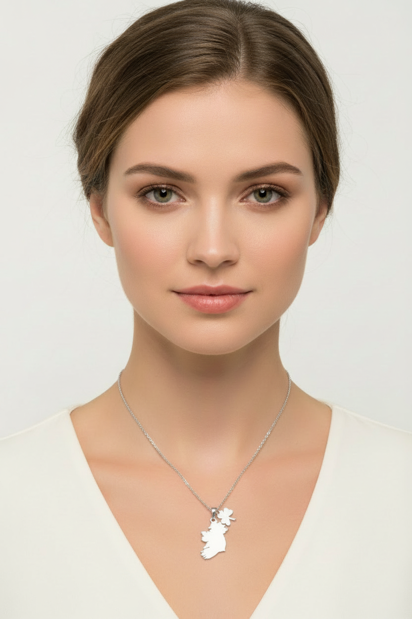 Silver Map Of Ireland With Shamrock Charm Necklace