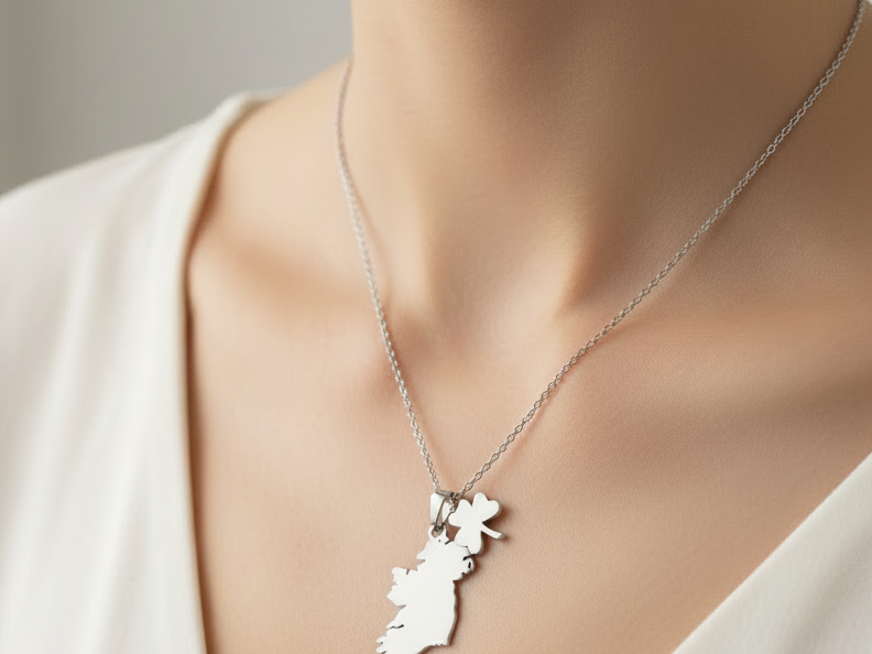 Silver Map Of Ireland With Shamrock Charm Necklace