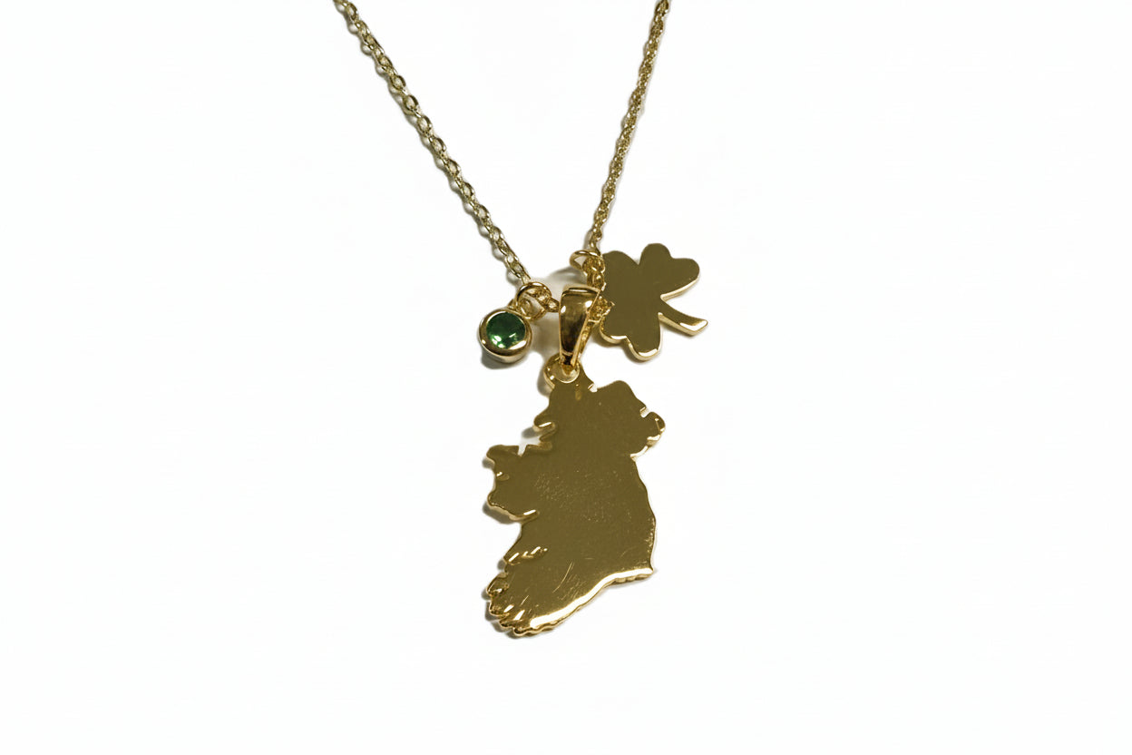 Silver Gold Plated Map Of Ireland With Shamrock and Green Cz Charm Necklace