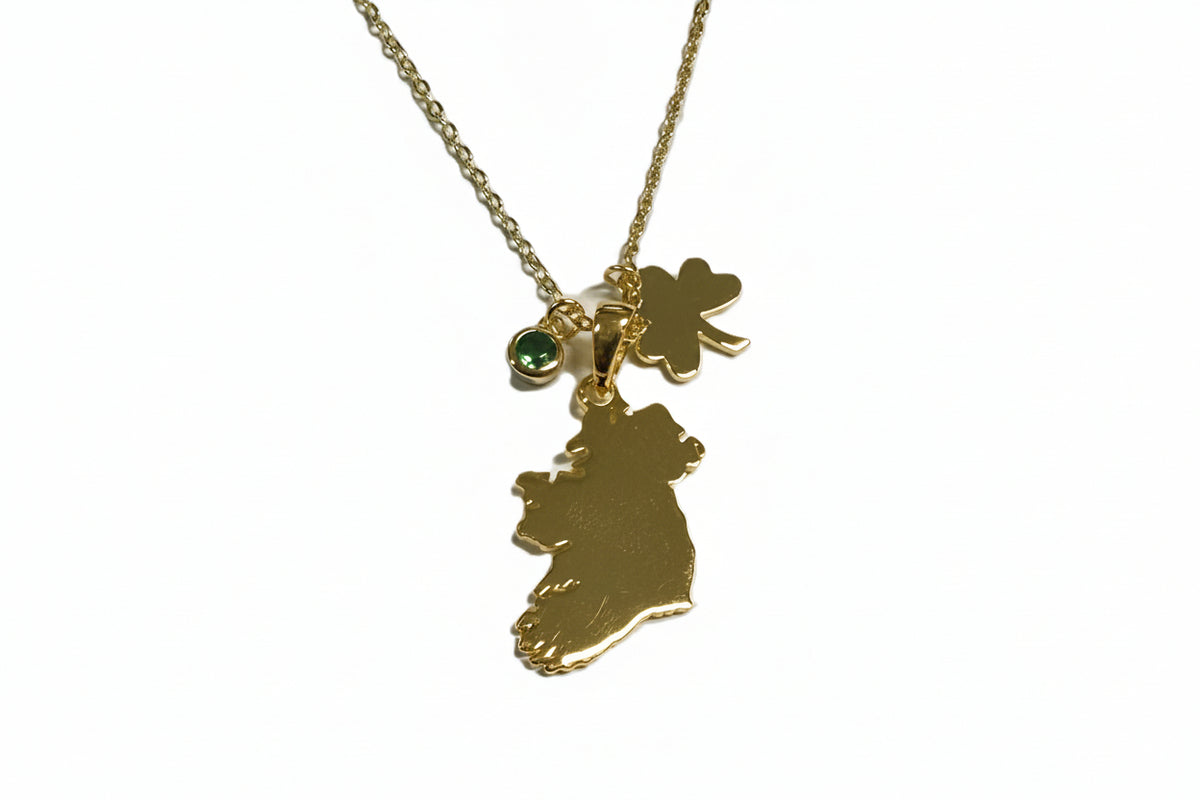 Silver Gold Plated Map Of Ireland With Shamrock and Green Cz Charm Necklace