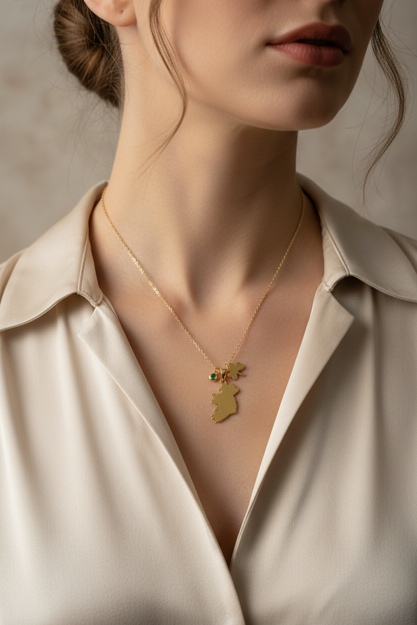 Silver Gold Plated Map Of Ireland With Shamrock and Green Cz Charm Necklace