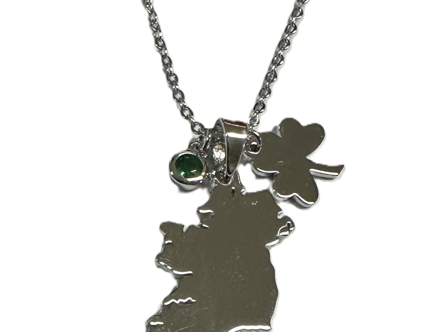 Silver Map Of Ireland With Shamrock and Green Cz Charm Necklace
