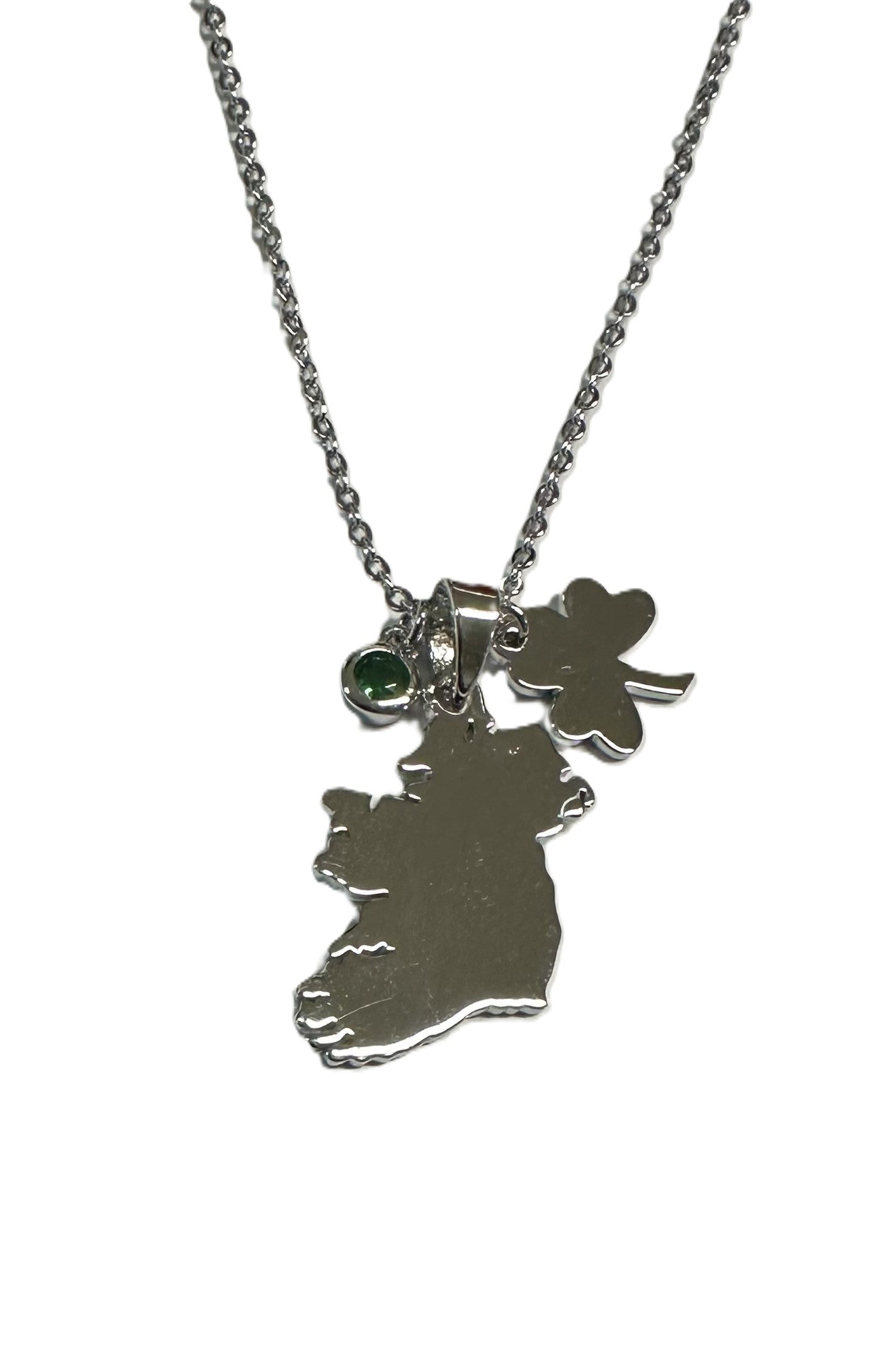 Silver Map Of Ireland With Shamrock and Green Cz Charm Necklace