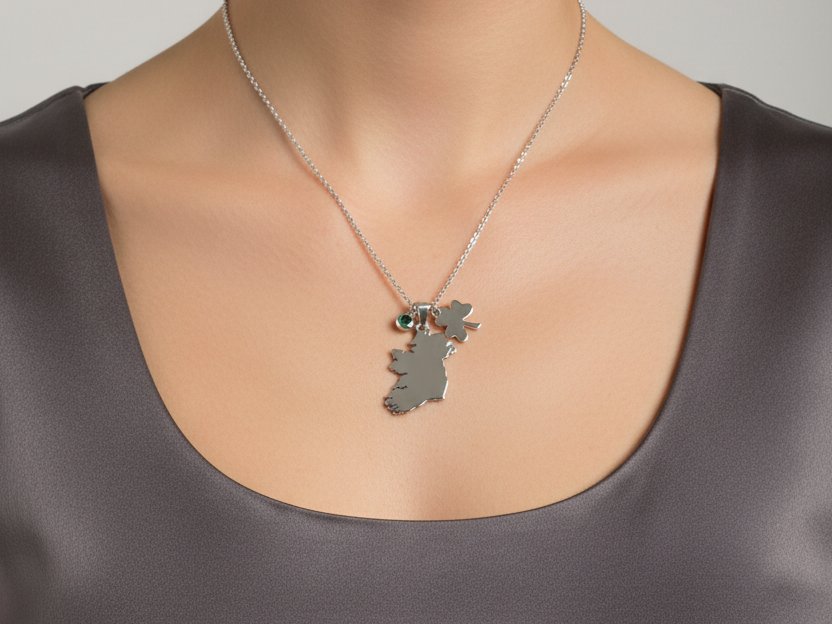 Silver Map Of Ireland With Shamrock and Green Cz Charm Necklace