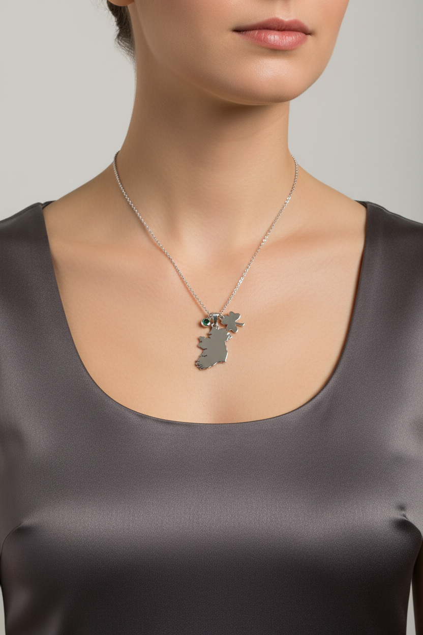 Silver Map Of Ireland With Shamrock and Green Cz Charm Necklace
