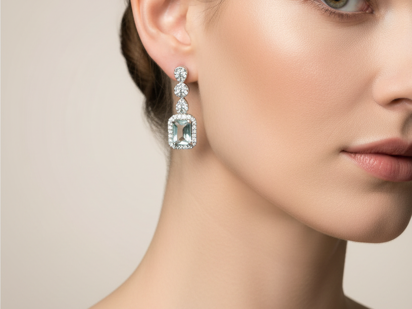 Aquamarine And White Cubic Zirconia Silver Earring