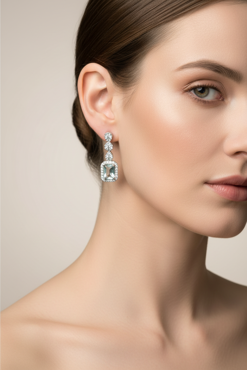 Aquamarine And White Cubic Zirconia Silver Earring