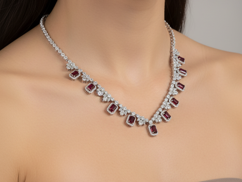 Silver Ruby And White CZ Necklace