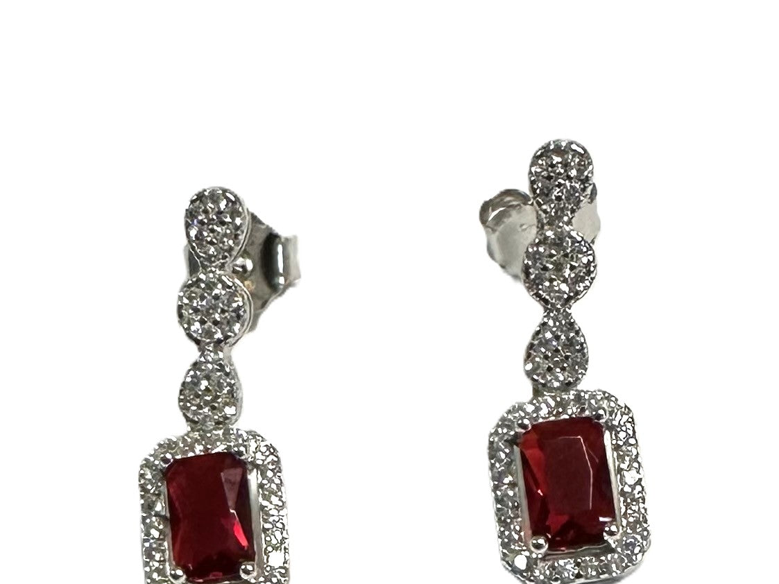Ruby And White Cubic Zirconia Silver Earring