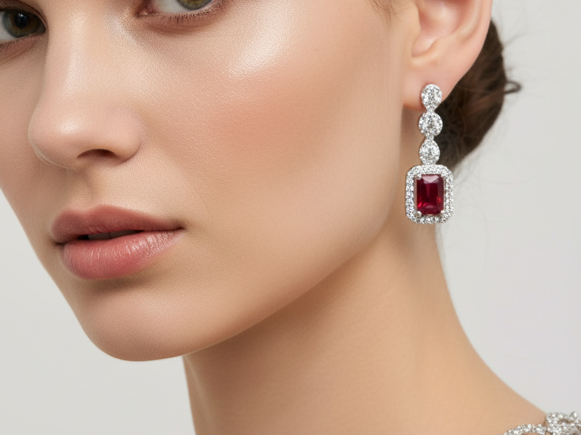 Ruby And White Cubic Zirconia Silver Earring