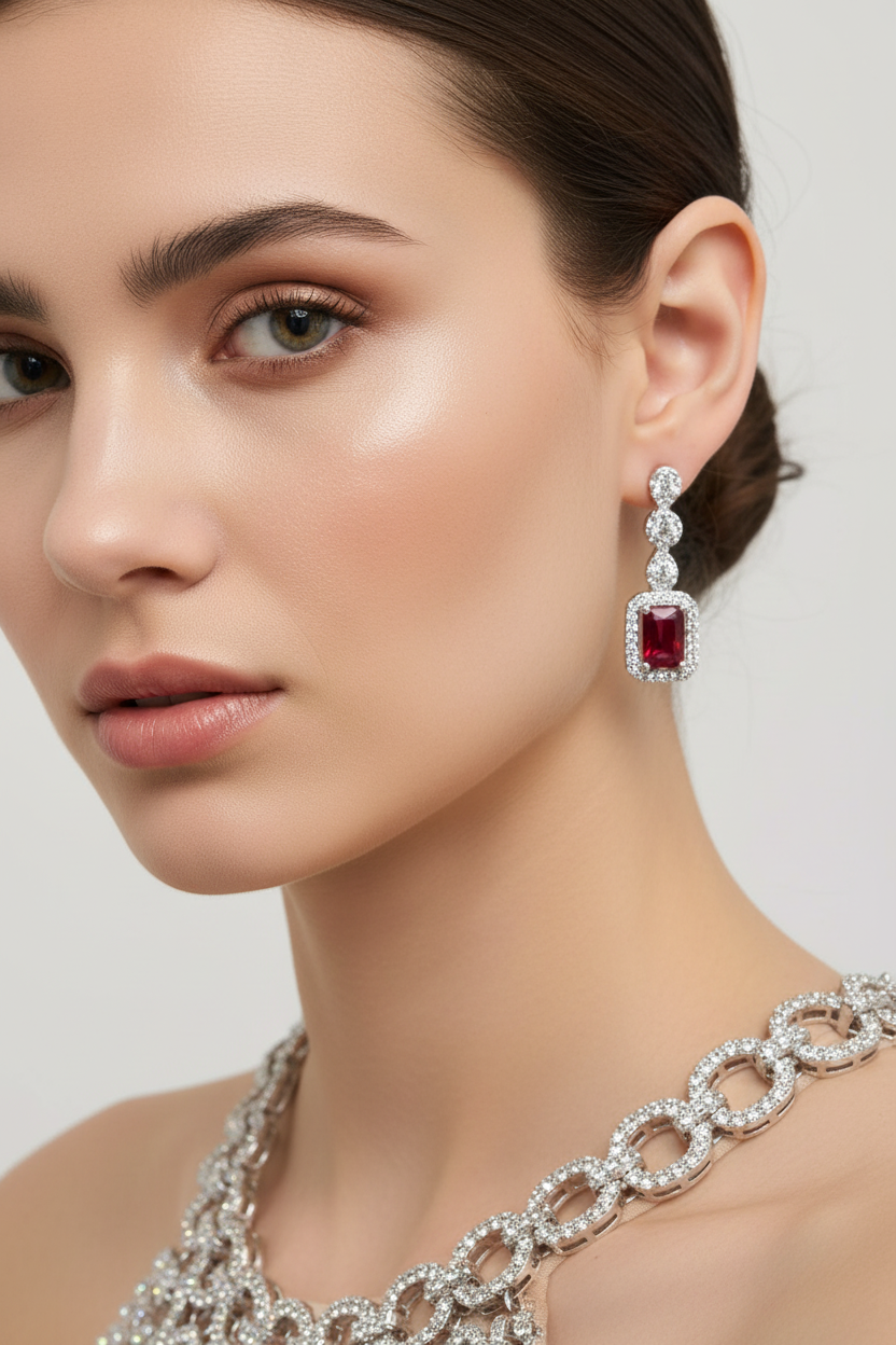 Ruby And White Cubic Zirconia Silver Earring