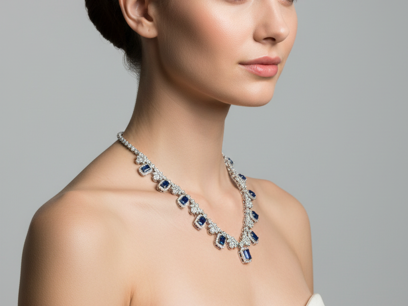 Silver Sapphire And White CZ Necklace
