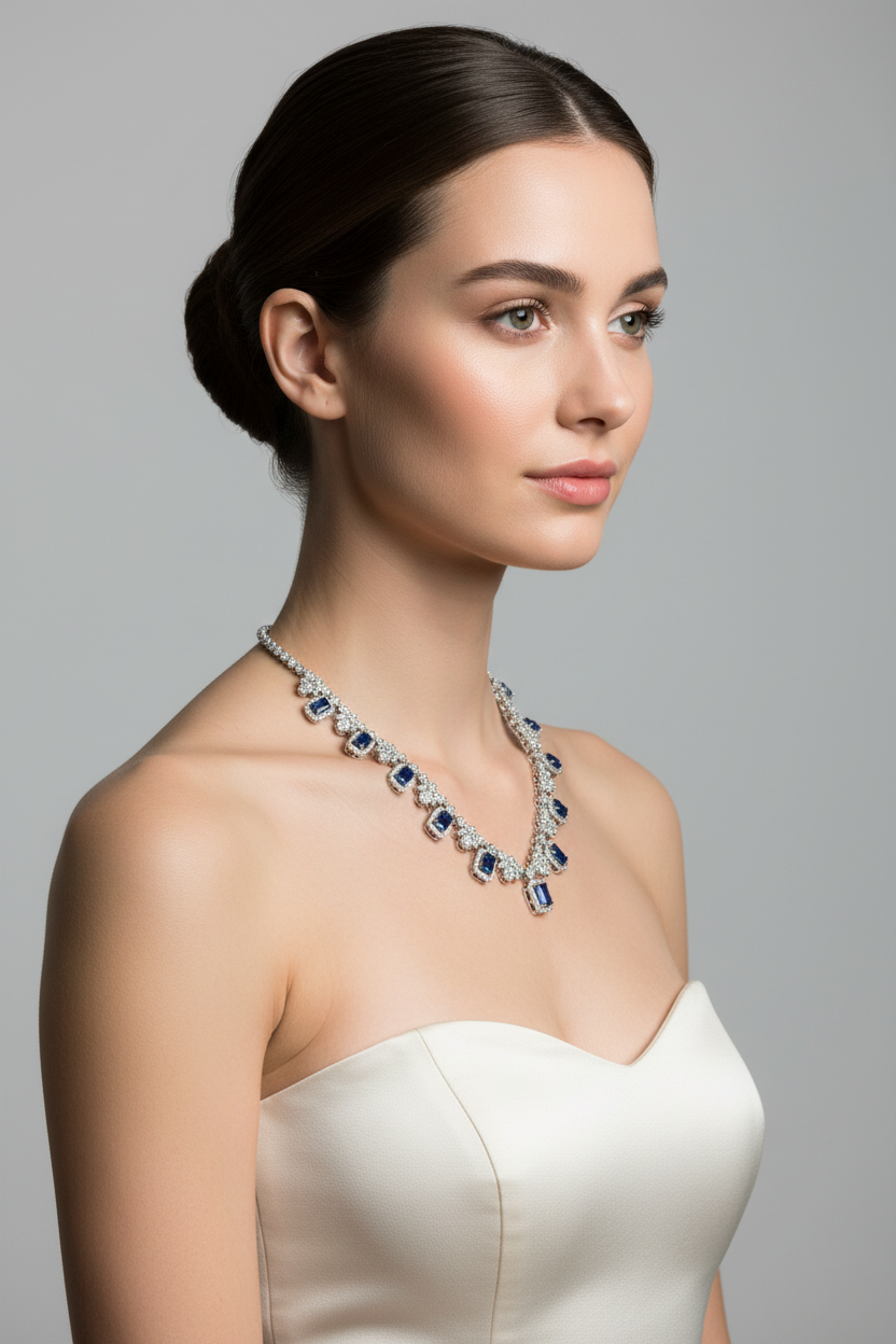 Silver Sapphire And White CZ Necklace
