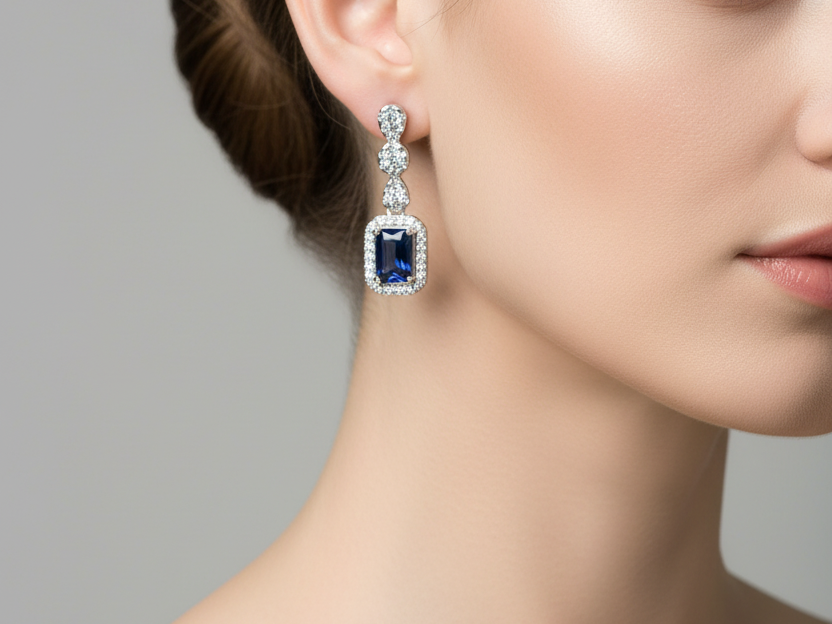 Sapphire And White Cubic Zirconia Silver Earring