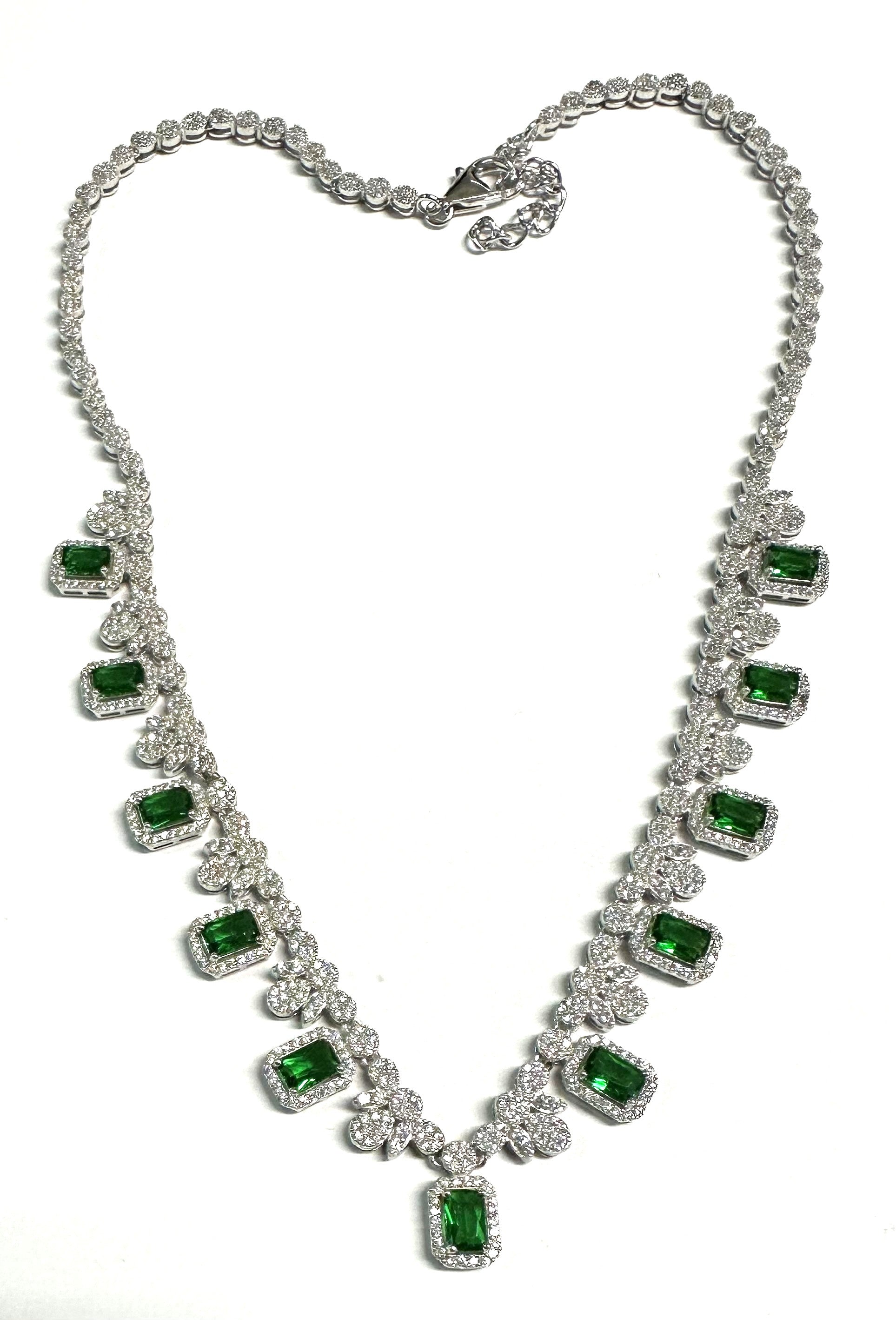 Silver Emerald And White CZ Necklace