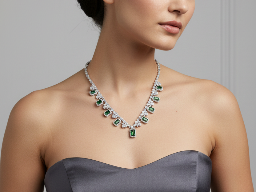 Silver Emerald And White CZ Necklace