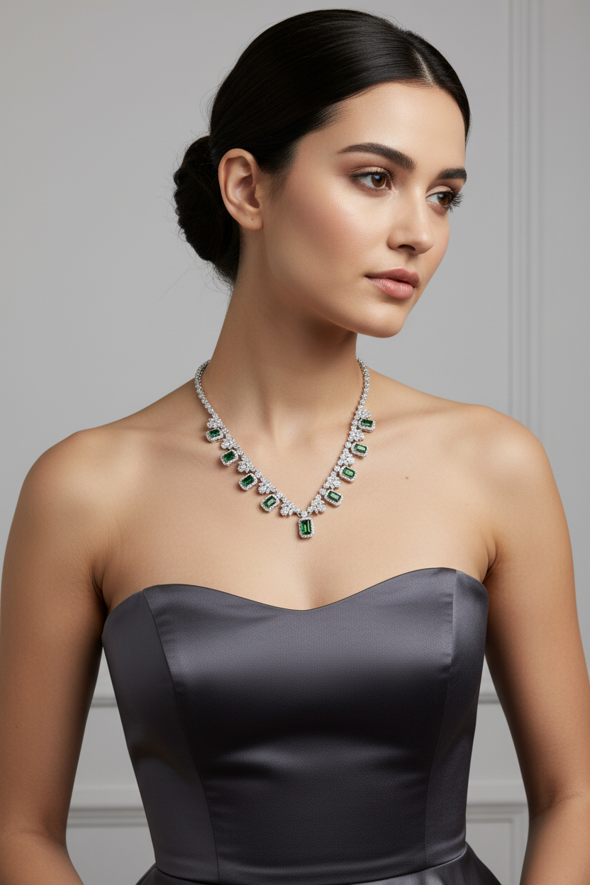 Silver Emerald And White CZ Necklace