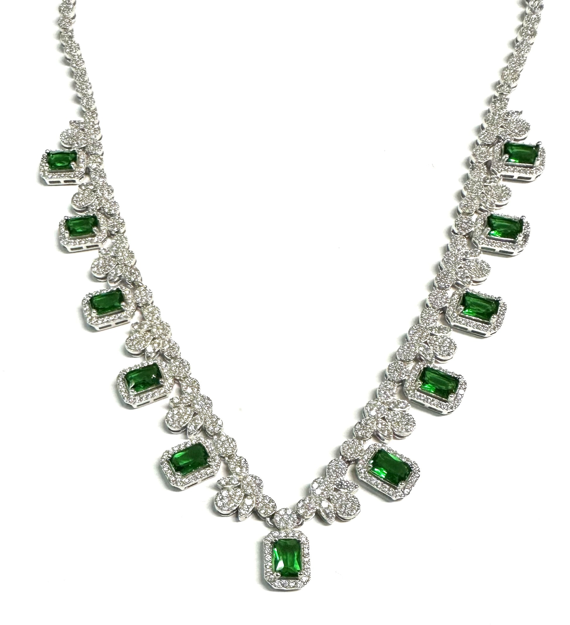 Silver Emerald And White CZ Necklace