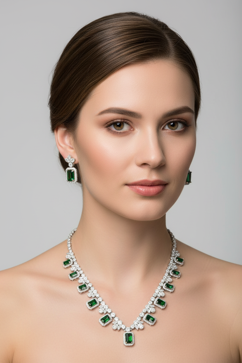 Silver Emerald And White CZ Necklace