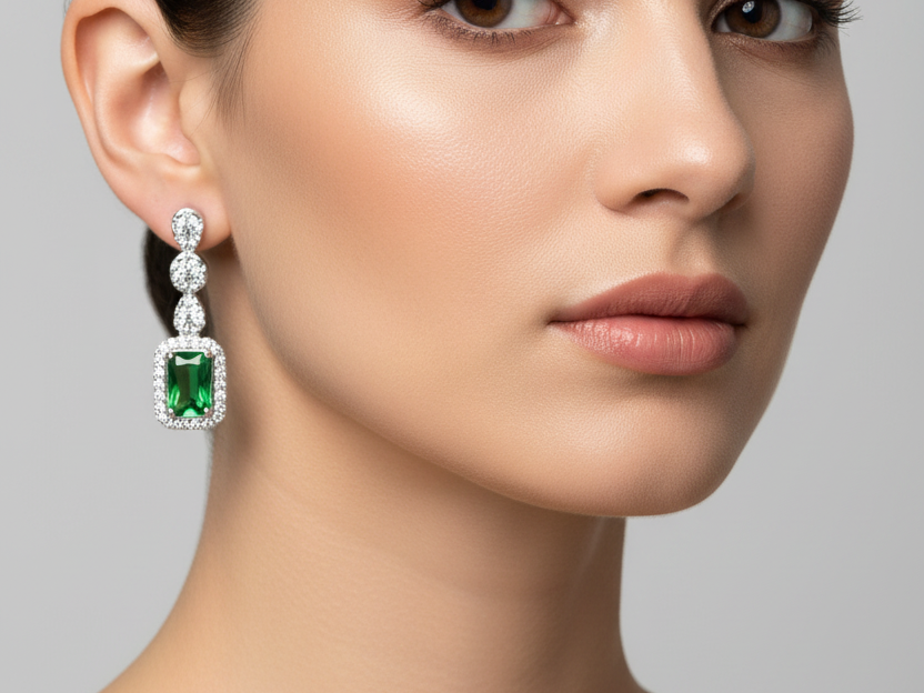 Emerald And White Cubic Zirconia Silver Earring