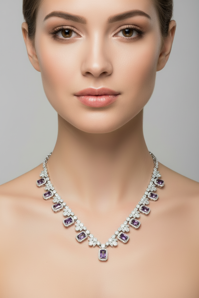 Amethyst And White Cubic Zirconia Silver Earring