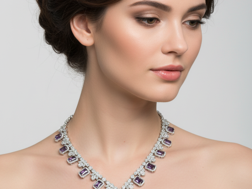 Amethyst And White Cubic Zirconia Silver Necklace