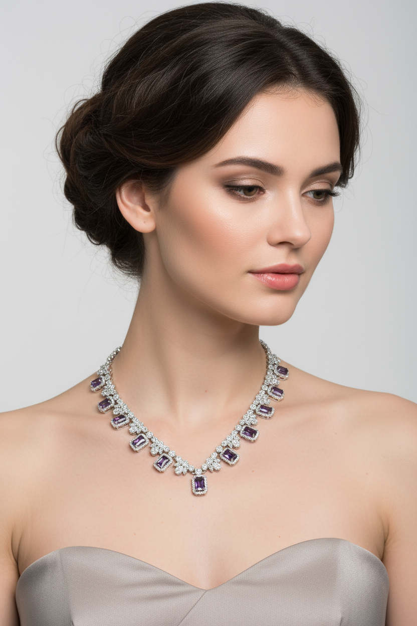 Amethyst And White Cubic Zirconia Silver Necklace