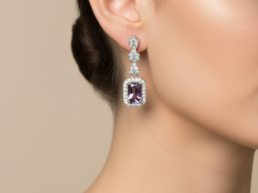 Amethyst And White Cubic Zirconia Silver Earring