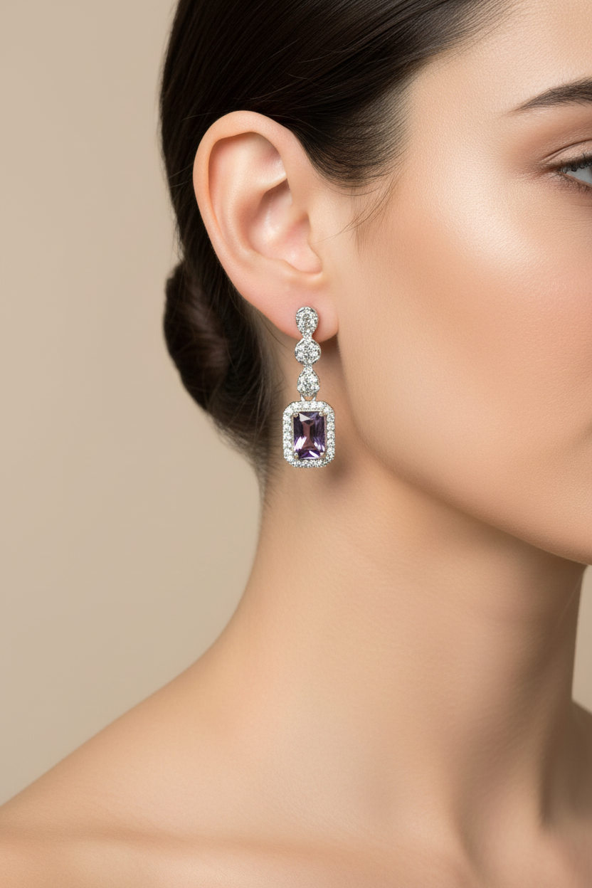 Amethyst And White Cubic Zirconia Silver Earring