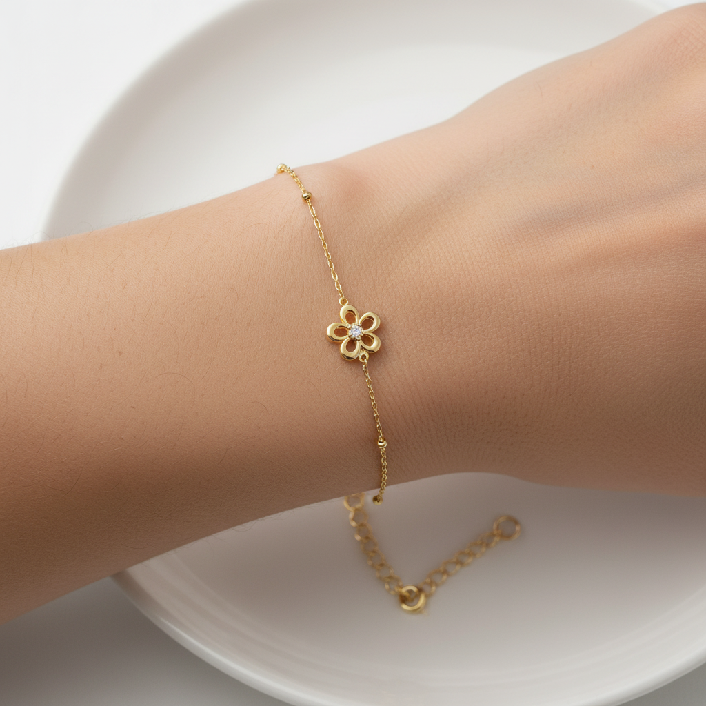 Yellow Gold Plated Silver Cz Stone Set Flower Design Bracelet