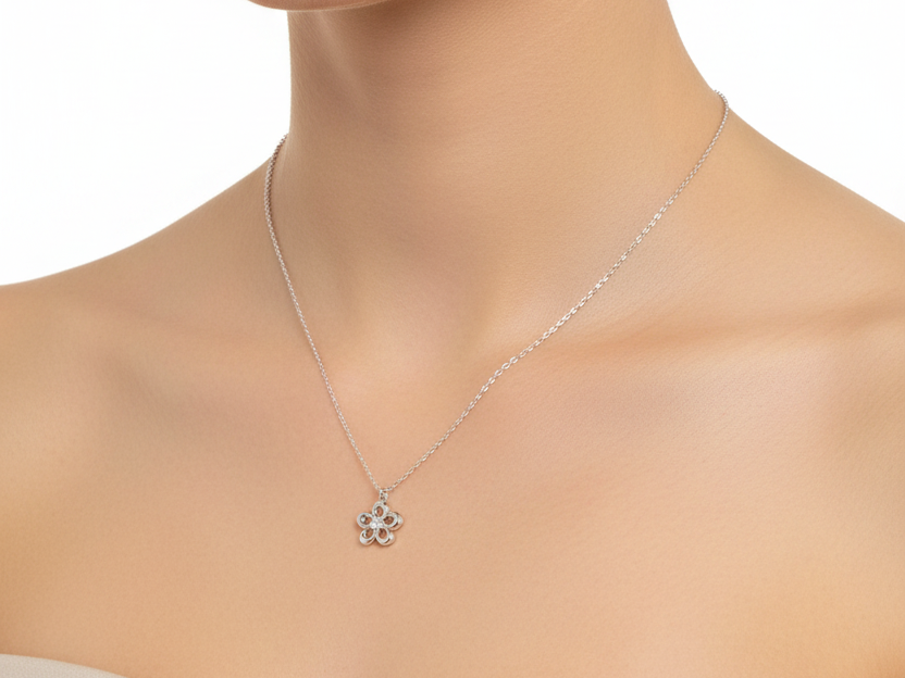 Silver White CZ Flower Design Necklace