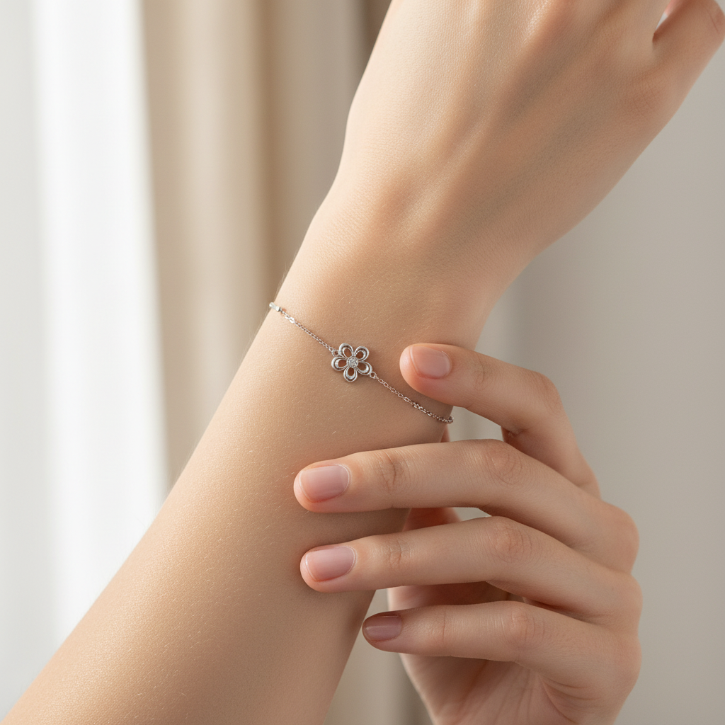 Silver Cz Stone Set Flower Design Bracelet