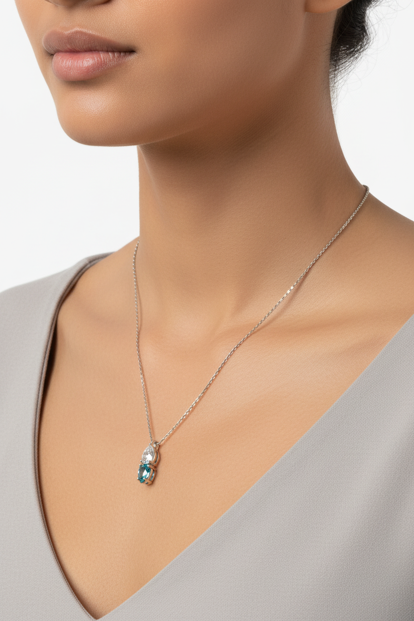 Yellow Plated Silver Aquamarine & White CZ Necklace