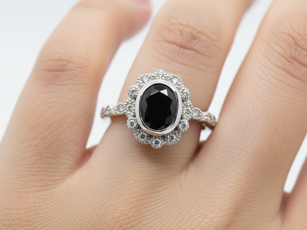 A Black and White Cubic Zirconia Ring.