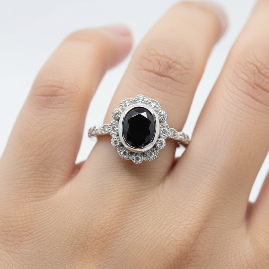 A Black and White Cubic Zirconia Ring.