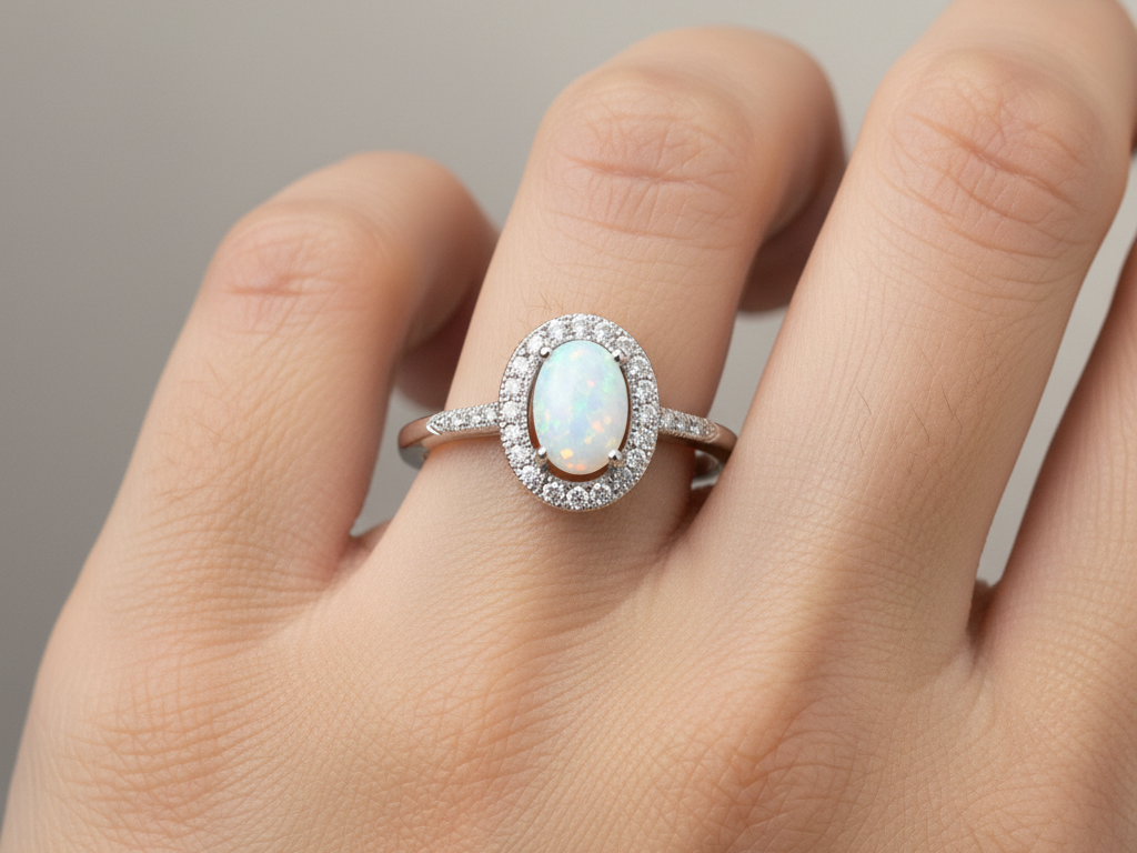 A Opal And White Cubic Zirconia Ring