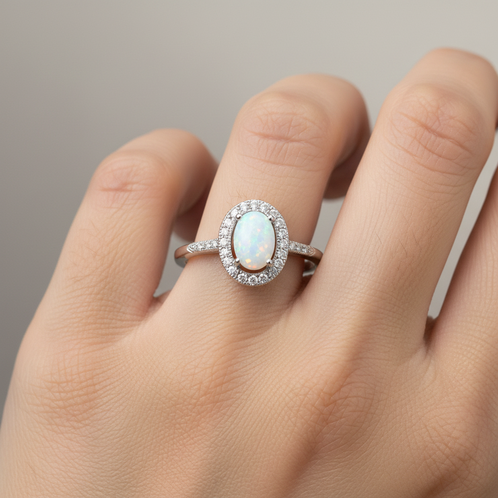 A Opal And White Cubic Zirconia Ring