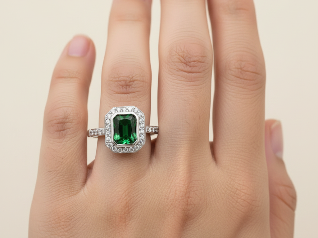 A Emerald and White Cubic Zirconia Ring