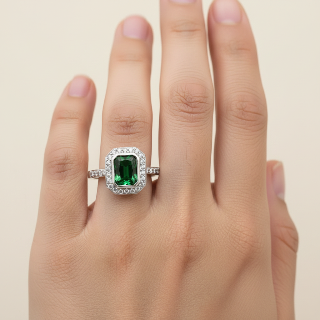 A Emerald and White Cubic Zirconia Ring