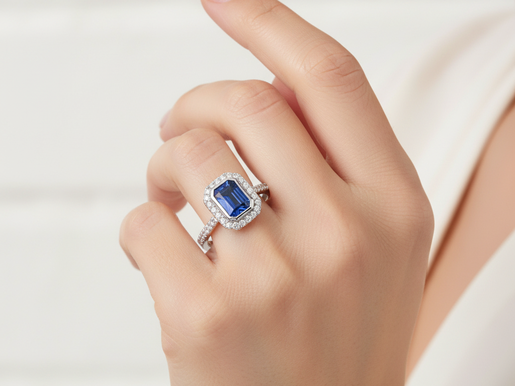 A Sapphire and White Cubic Zirconia Ring