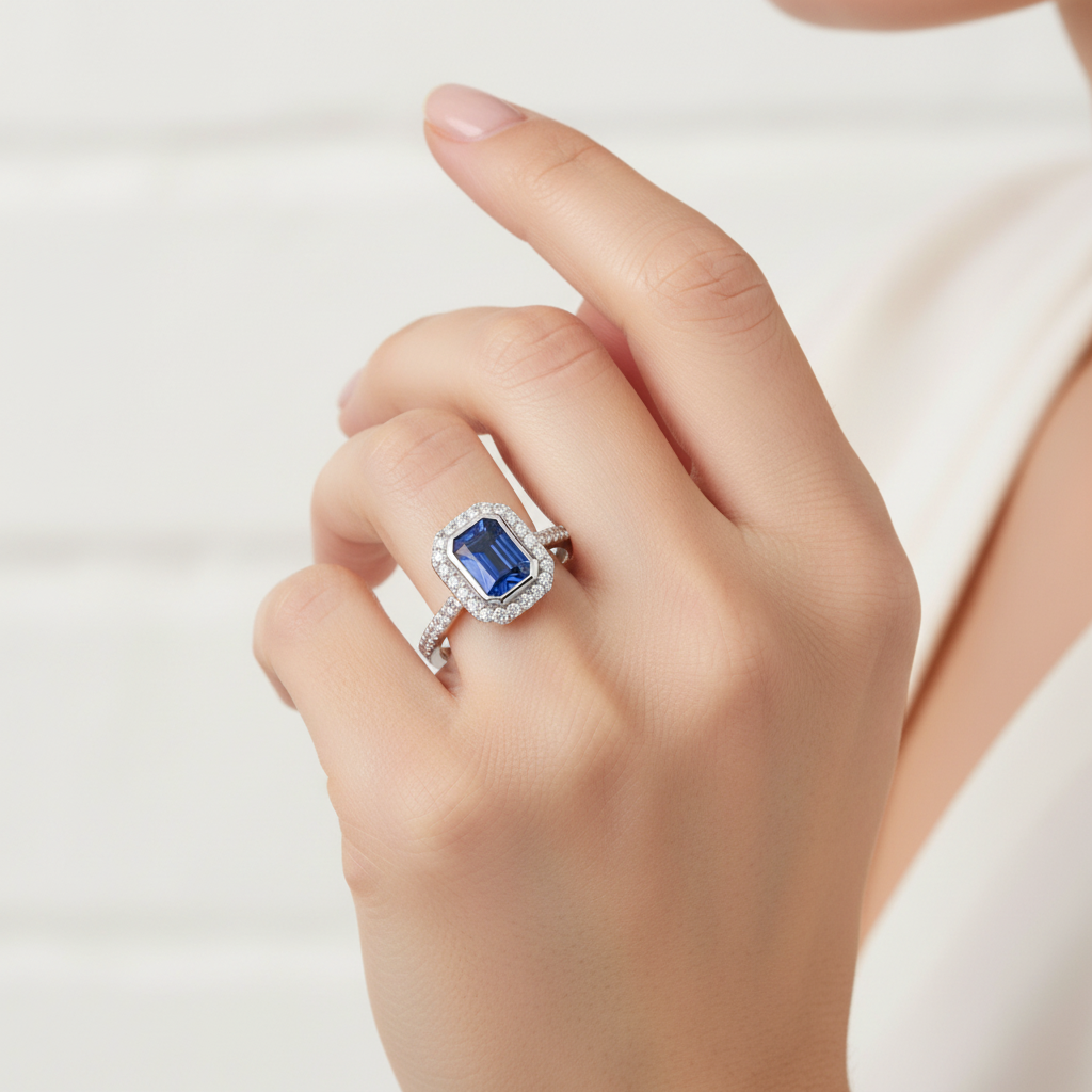 A Sapphire and White Cubic Zirconia Ring