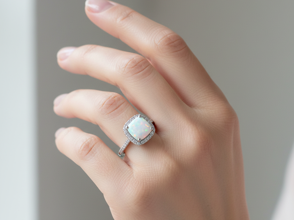 A Opal And White Cubic Zirconia Ring