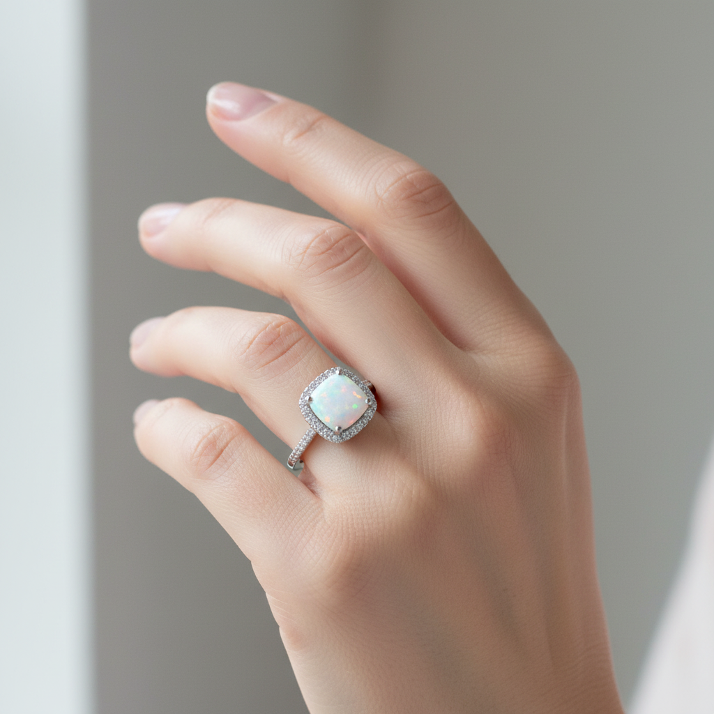 A Opal And White Cubic Zirconia Ring