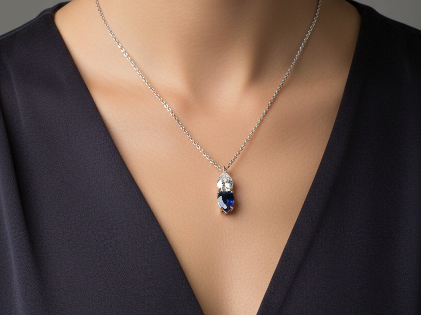 Silver Sapphire & White CZ Necklace