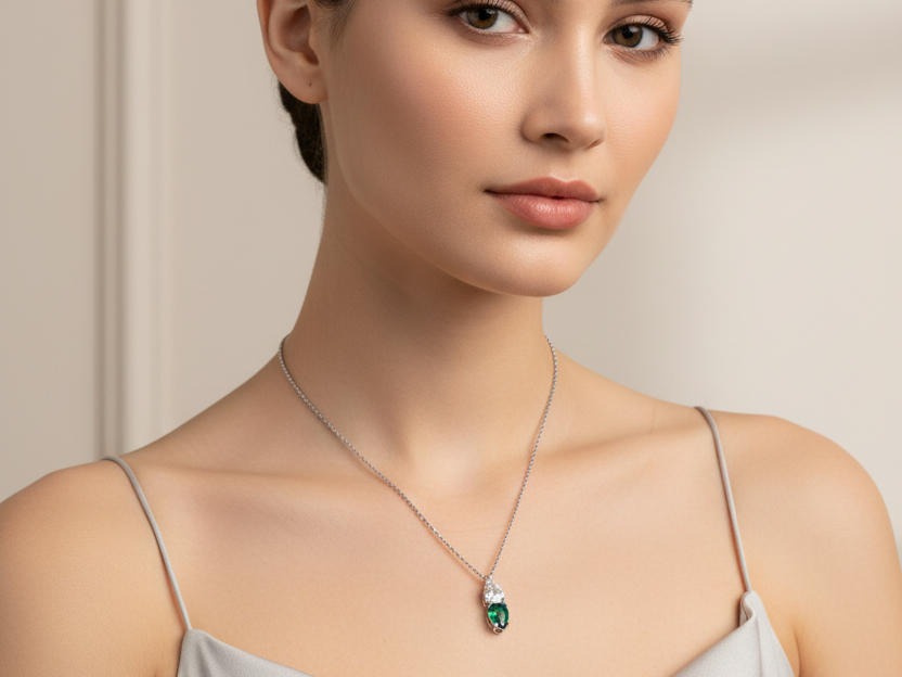 Silver Emerald & White CZ Necklace