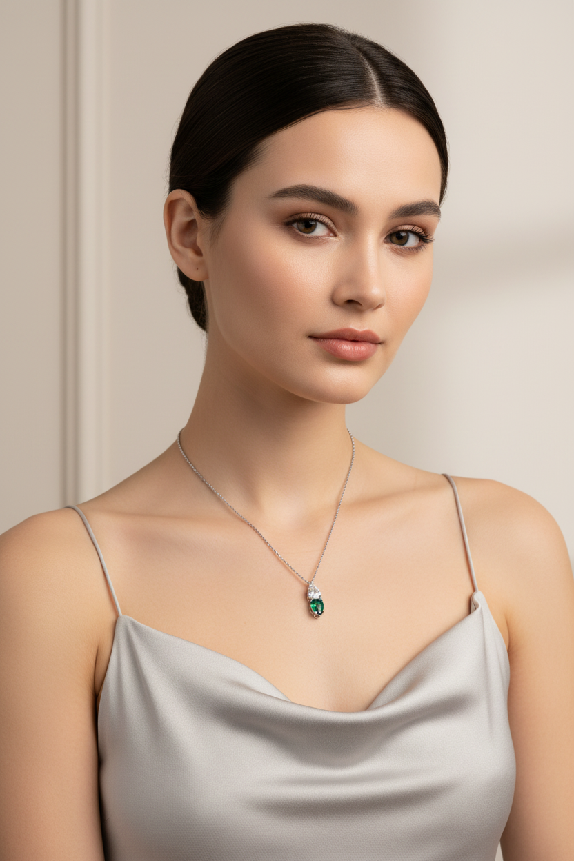 Silver Emerald & White CZ Necklace