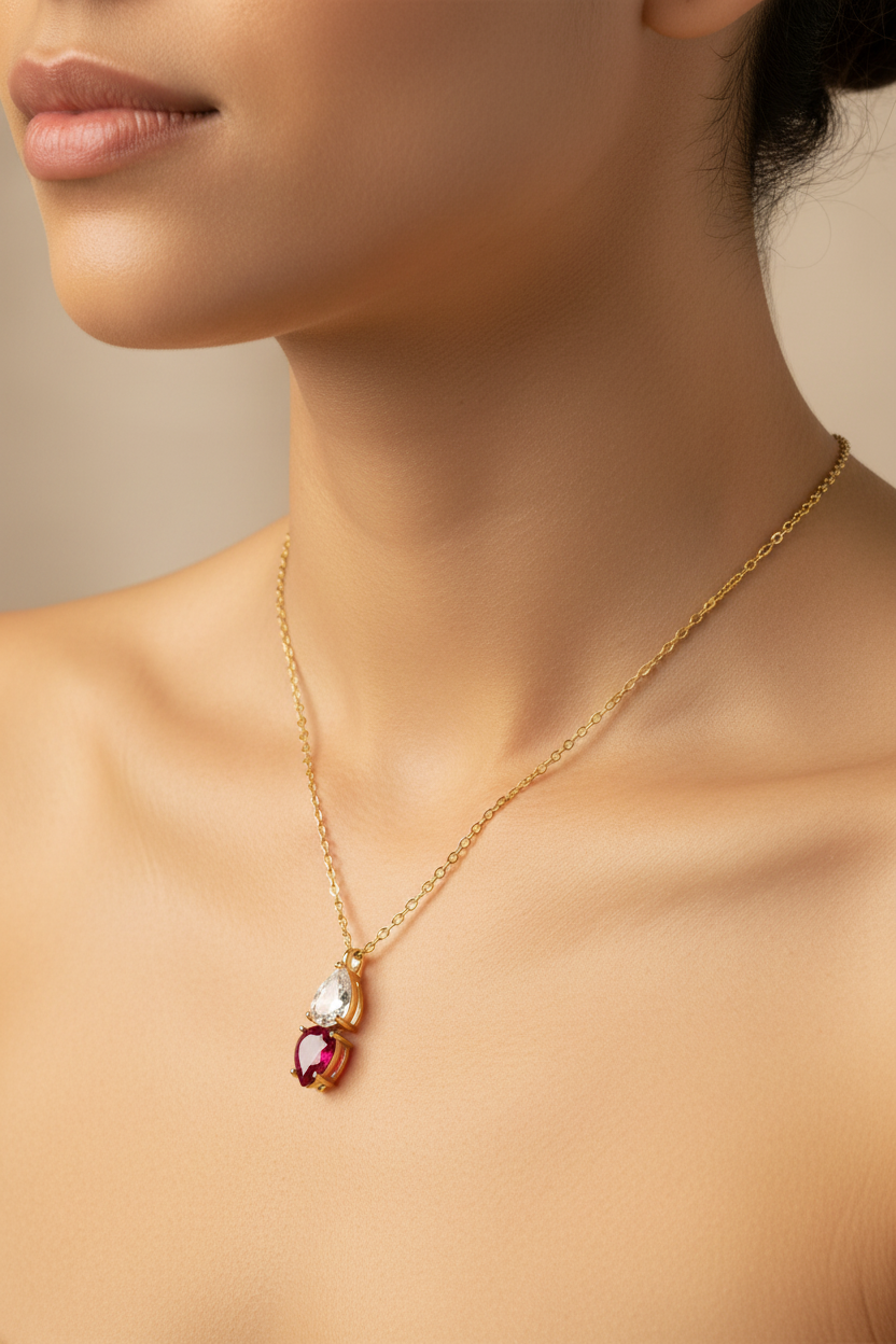 Yellow Plated Silver Ruby & White CZ Necklace
